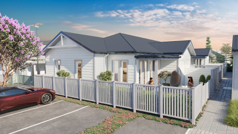 Artists impression of a family home. A white weatherboard house with a dark grey roof sits behind a white picket fence with a garden.