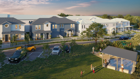 Artists impression of a residential community. Two-storey homes line the streets with cars parked at the playground as people play in the park.