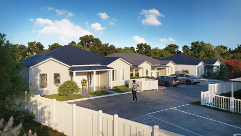 Artists impression of a suburban residential community - single-storey white weatherboard houses with a dark grey roofs line the street whilst neighbours chat in the front yard.